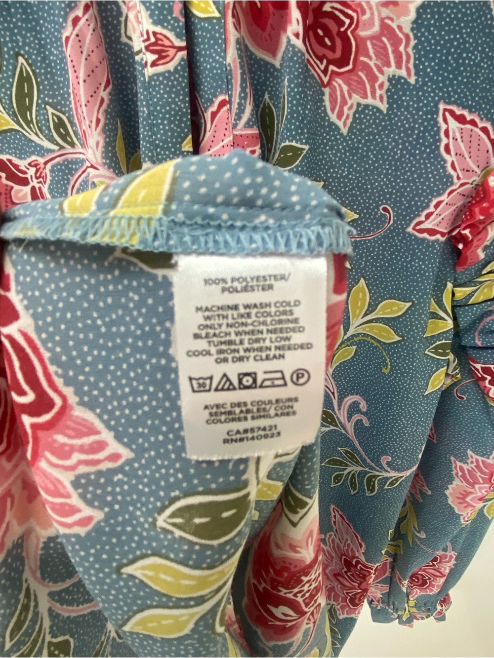LOFT Teal Floral Ruffle-Shoulder Blouse with Pink Blooms - Picture 3 of 7